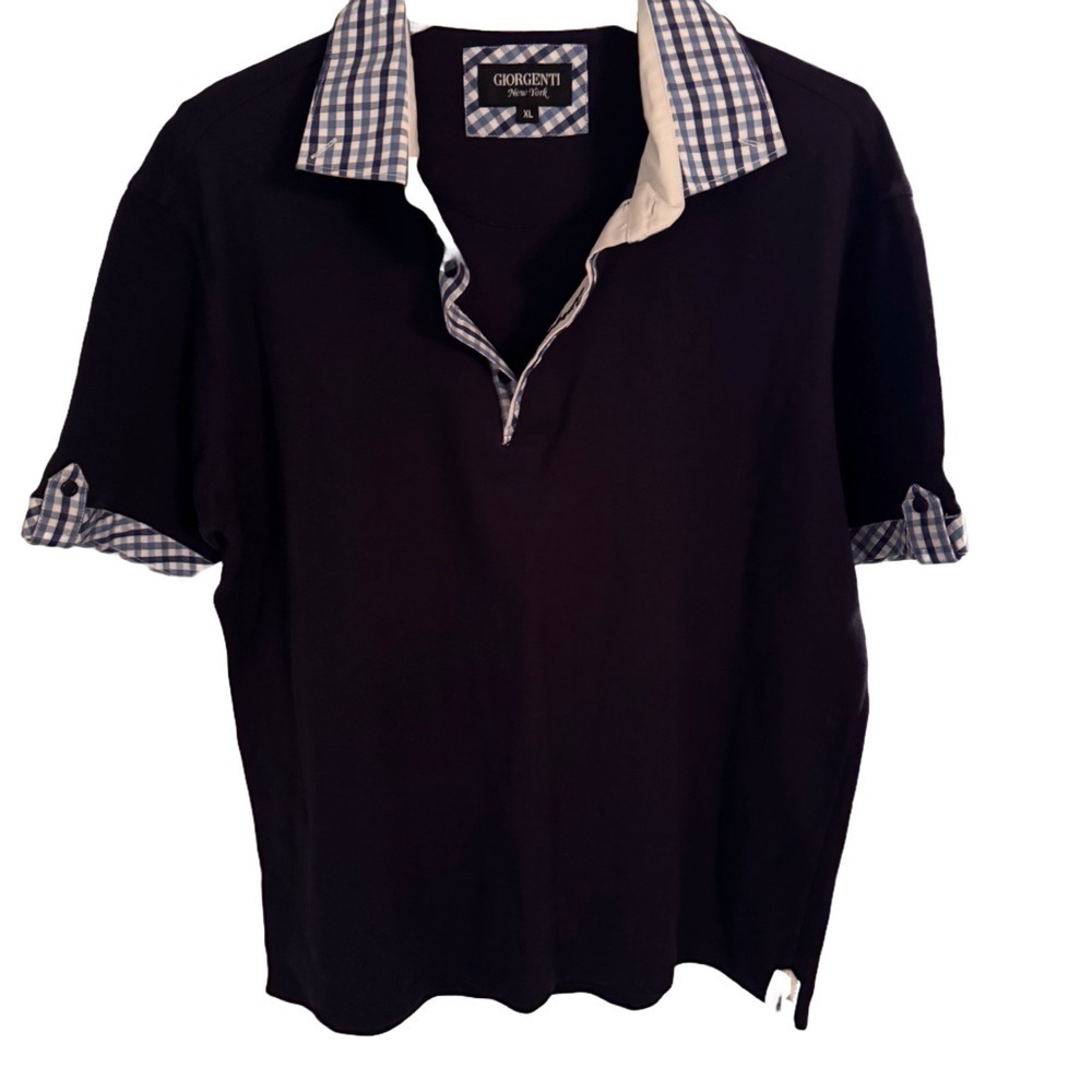 Giorgenti New York Women’s Custom Navy Blue Polo Shirt, Plaid Collar Cuffs Sz XL